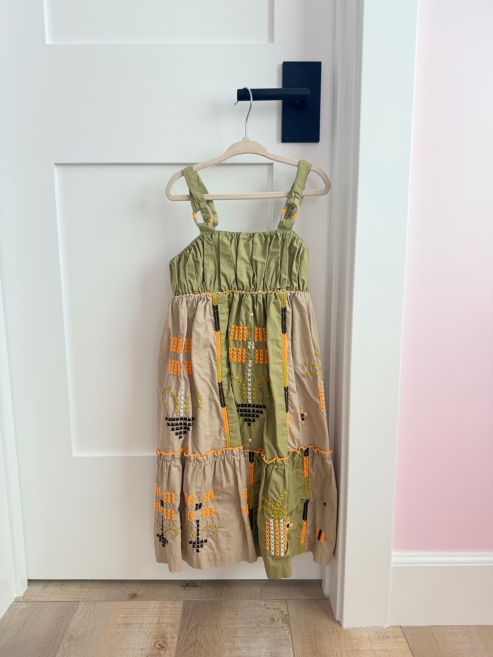 Girls Size 8 Olive Green Embroidered Boho Tiered Dress